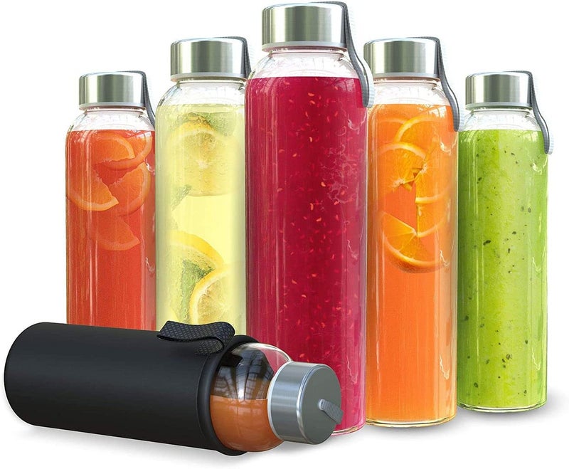 Chef's Star 18 Oz Glass Water Bottles, Glass Drinking Bottle with Protection Sleeve, Juice Bottles with Stainless Steel Leak Proof Lids, Pack of 6 - Image 1